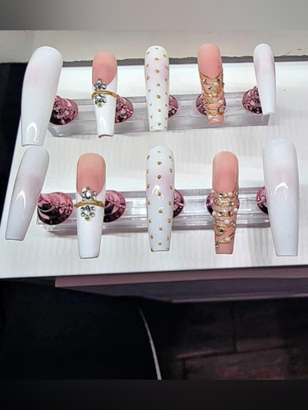 Wedding Natural & White Embellished Press-On Nails.
